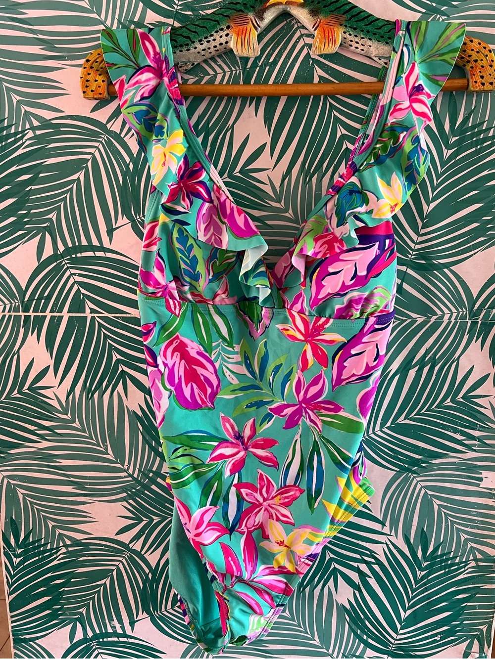 Stella Parker one-piece swimsuit vibrant tropical floral print w/ ruffle details